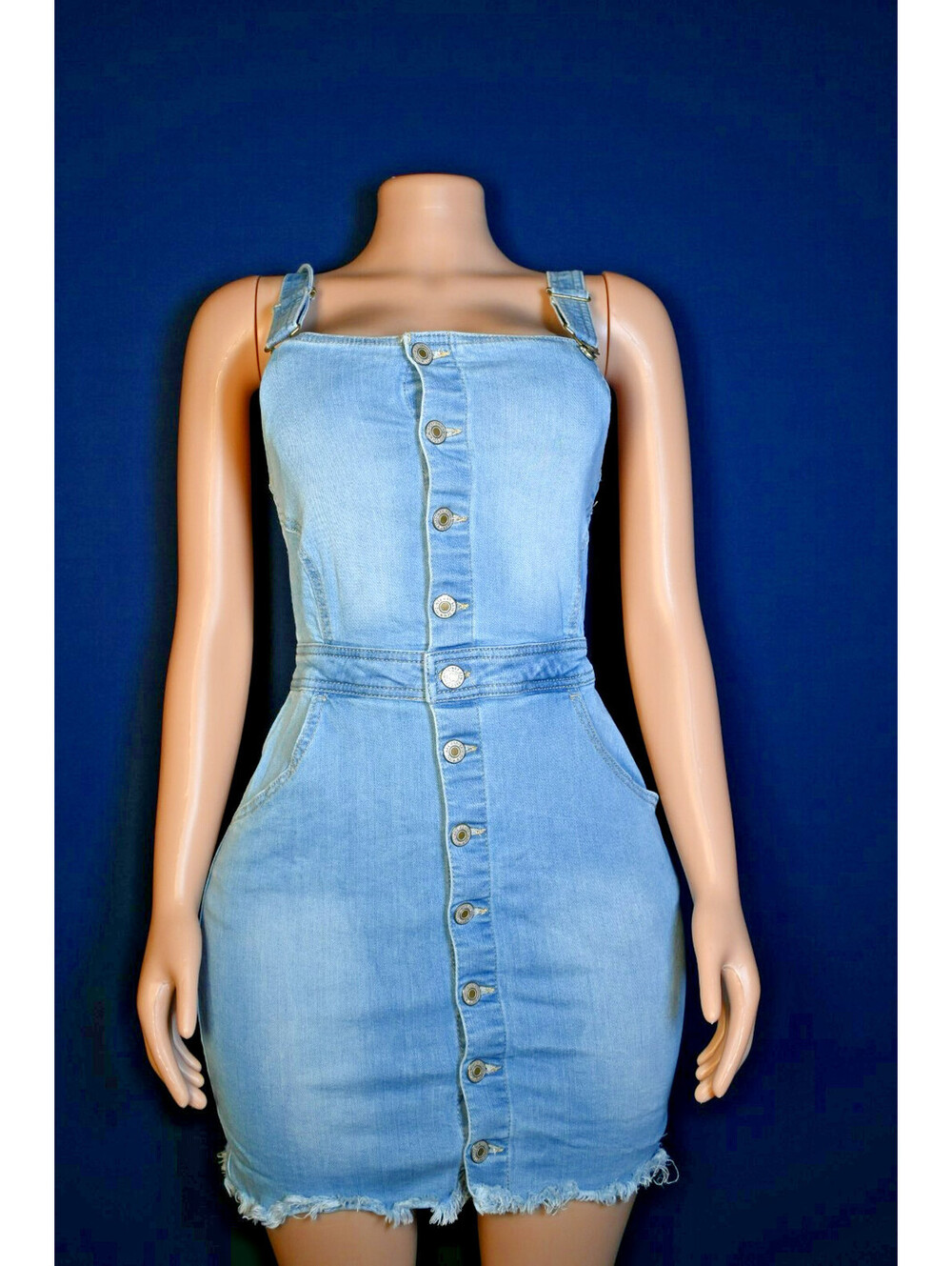 Wax Jean Light Wash Denim Oversll Pinafore Dress Button front Raw Hem Size M